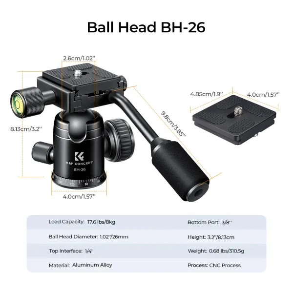 K&F Concept 26 mm kovová statívová guľová hlava s panoramatickou otočnou rukoväťou o... 22871