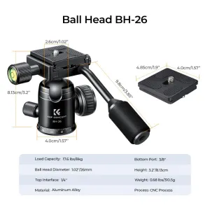 K&F Concept 26 mm kovová statívová guľová hlava s panoramatickou otočnou rukoväťou o... 22871