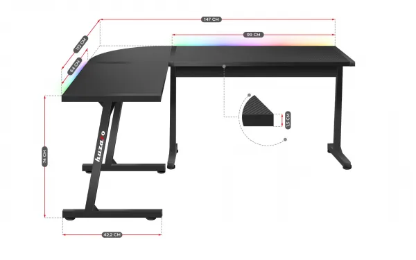 JAKS Rohový herný stôl s led osvetlením Hero 6.0 RGB čierny