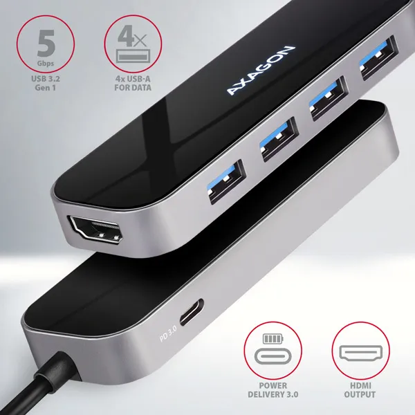 AXAGON HUB 4xUSB-A HDMI 100W