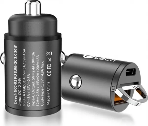 C-TECH nabíječka USB do auta UCC-02, 1x Type C + 1 x Type A, 30W