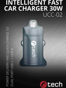 C-TECH nabíječka USB do auta UCC-02, 1x Type C + 1 x Type A, 30W