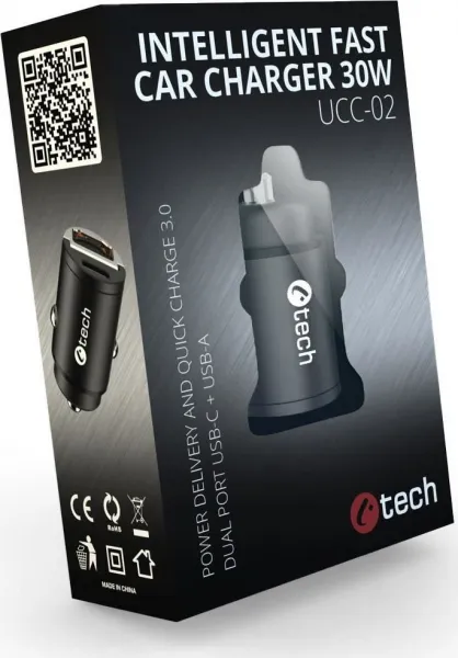 C-TECH nabíječka USB do auta UCC-02, 1x Type C + 1 x Type A, 30W