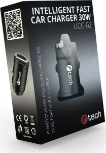 C-TECH nabíječka USB do auta UCC-02, 1x Type C + 1 x Type A, 30W