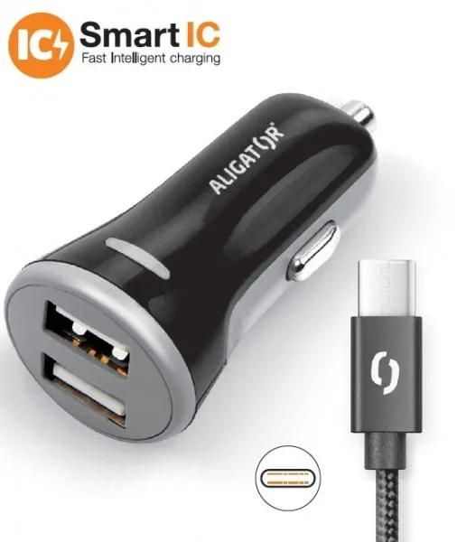 ALIGATOR Chytrá nabíječka do auta 3.4A, 2xUSB, smart IC, černá, USB-C kabel