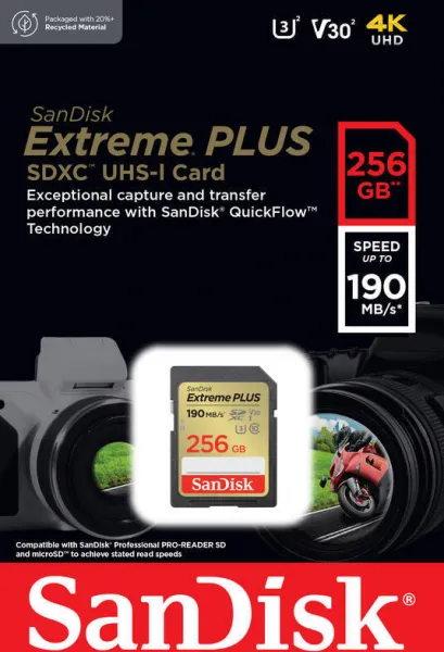SanDisk Extreme PLUS 256 GB SDXC Memory Card 190 MB/s and 130 MB/s, UHS-I, Class 10,... 85235110