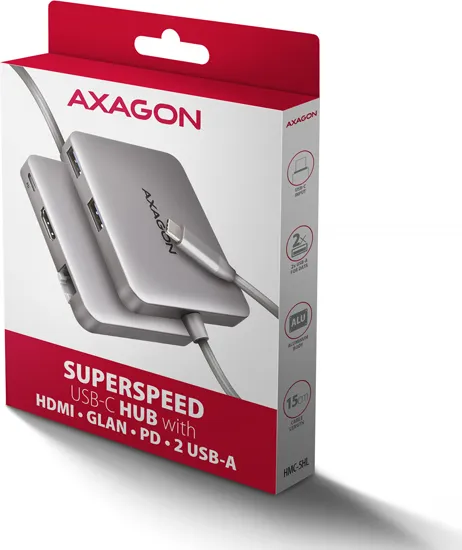 AXAGON HUB 5Gbps 2xUSB-A HDMI RJ45 100W