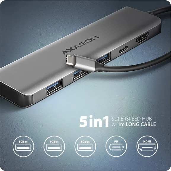 AXAGON HMC-5H, USB 5Gbps hub, 3x USB-A, HDMI 4k/30Hz, PD 100W, kábel USB-C 100cm