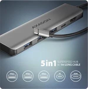 AXAGON HMC-5H, USB 5Gbps hub, 3x USB-A, HDMI 4k/30Hz, PD 100W, kábel USB-C 100cm