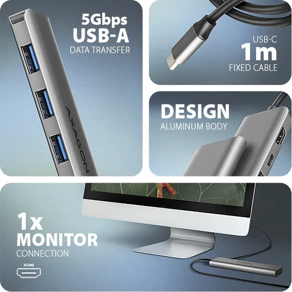 AXAGON HMC-5H, USB 5Gbps hub, 3x USB-A, HDMI 4k/30Hz, PD 100W, kábel USB-C 100cm