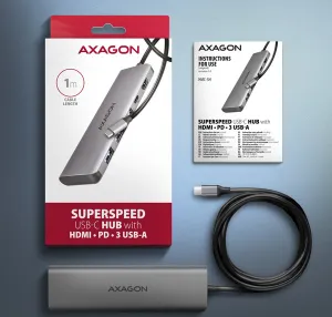 AXAGON HMC-5H, USB 5Gbps hub, 3x USB-A, HDMI 4k/30Hz, PD 100W, kábel USB-C 100cm