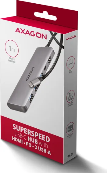 AXAGON HMC-5H, USB 5Gbps hub, 3x USB-A, HDMI 4k/30Hz, PD 100W, kábel USB-C 100cm