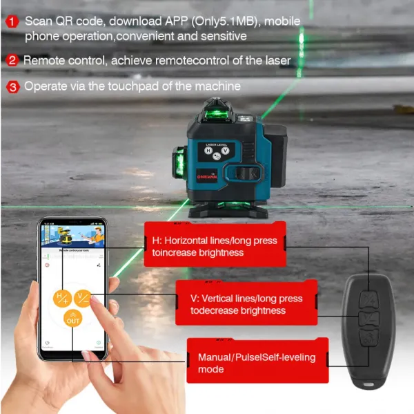 ONEVAN 16Lines 4D laserová samonivelačná vodováha s digitálnym displejom 360°