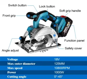 OneVan / Yofidra Bezuhlíková elektrická kotúčová ponorná píla / maflík / 1000W 125mm 10800RPM Troj rýchlostná 3 x pílový kotúč v cene Batéria: 2ks batéria