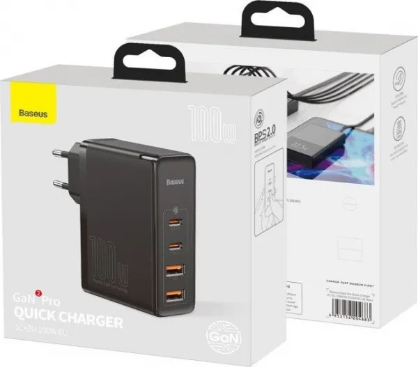 Baseus GaN2 Pro nástenná nabíjačka, 2x USB + 2x USB-C, 100W, EU (čierna) 026519