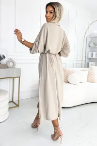 Numoco Dámske košeľové midi šaty 531-1 Farba: Mocca, Veľkosť: UNI