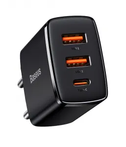 Kompaktná rýchlonabíjačka Baseus, 2xUSB, USB-C, PD, 3A, 30W (čierna) 028970