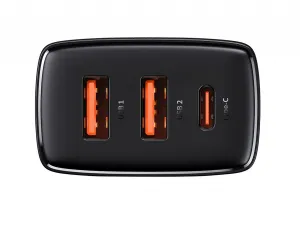 Kompaktná rýchlonabíjačka Baseus, 2xUSB, USB-C, PD, 3A, 30W (čierna) 028970