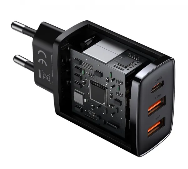 Kompaktná rýchlonabíjačka Baseus, 2xUSB, USB-C, PD, 3A, 30W (čierna) 028970