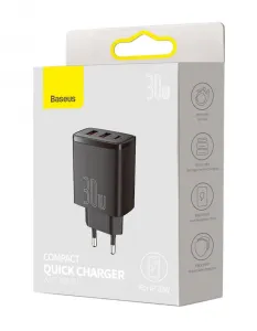 Kompaktná rýchlonabíjačka Baseus, 2xUSB, USB-C, PD, 3A, 30W (čierna) 028970