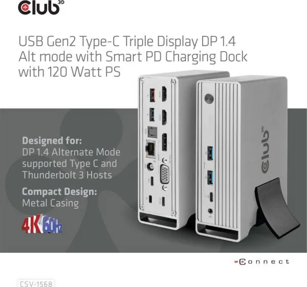 Club 3D Club3D USB-C, Triple Display DP 1.4 Alt mode Displaylink Dynamic PD Charging Dock so 120 W PS
