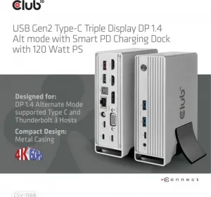 Club 3D Club3D USB-C, Triple Display DP 1.4 Alt mode Displaylink Dynamic PD Charging Dock so 120 W PS