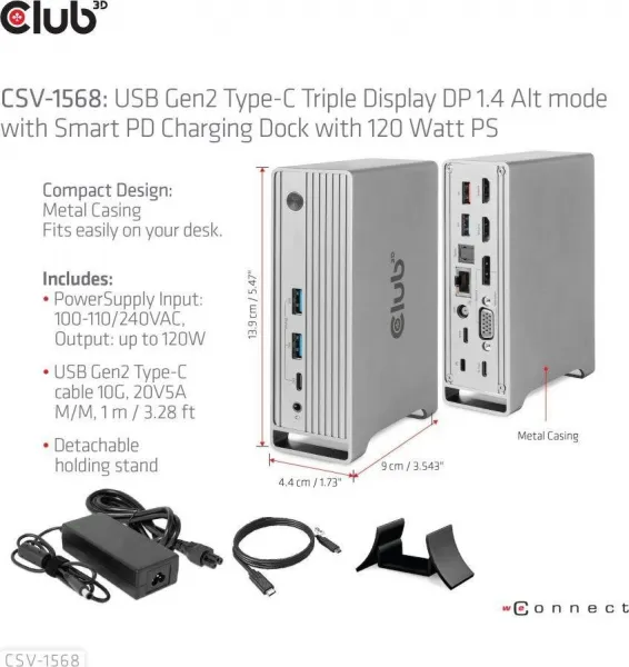 Club 3D Club3D USB-C, Triple Display DP 1.4 Alt mode Displaylink Dynamic PD Charging Dock so 120 W PS