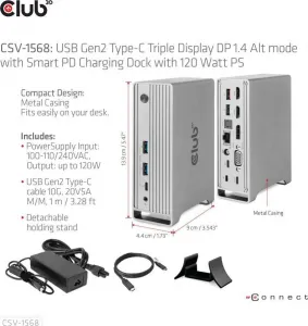 Club 3D Club3D USB-C, Triple Display DP 1.4 Alt mode Displaylink Dynamic PD Charging Dock so 120 W PS