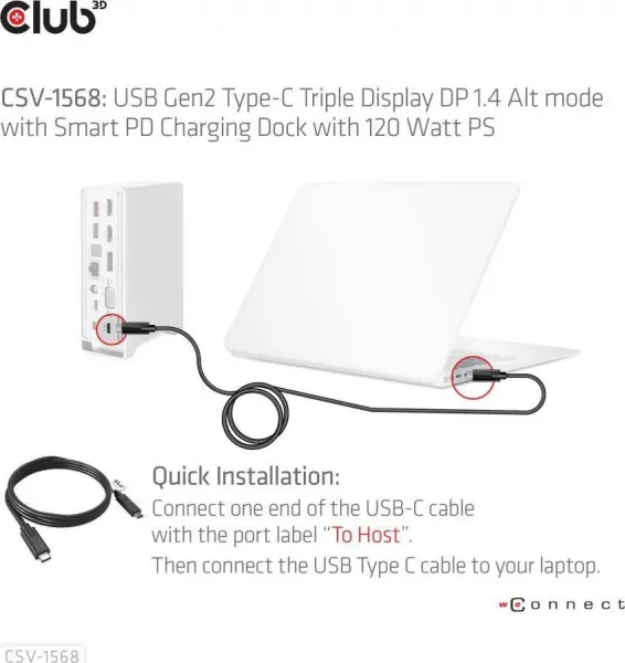 Club 3D Club3D USB-C, Triple Display DP 1.4 Alt mode Displaylink Dynamic PD Charging Dock so 120 W PS