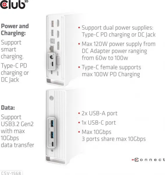 Club 3D Club3D USB-C, Triple Display DP 1.4 Alt mode Displaylink Dynamic PD Charging Dock so 120 W PS