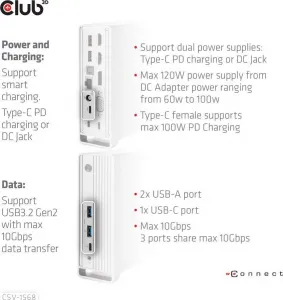 Club 3D Club3D USB-C, Triple Display DP 1.4 Alt mode Displaylink Dynamic PD Charging Dock so 120 W PS