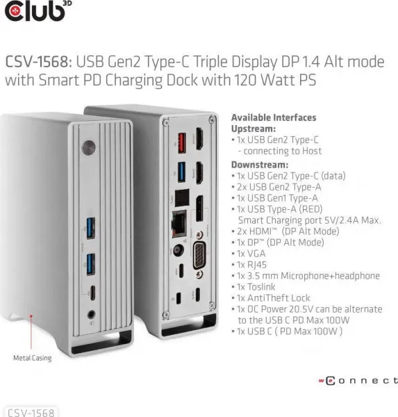 Club 3D Club3D USB-C, Triple Display DP 1.4 Alt mode Displaylink Dynamic PD Charging Dock so 120 W PS