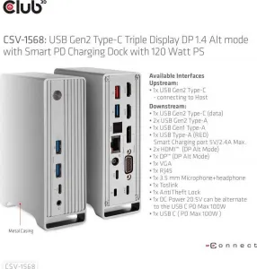 Club 3D Club3D USB-C, Triple Display DP 1.4 Alt mode Displaylink Dynamic PD Charging Dock so 120 W PS