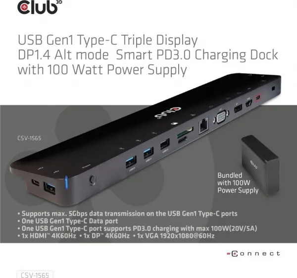 Club 3D Club3D Dokovací stanice USB-C, Triple Display DP 1.4 Alt mode Smart PD3.0 Charging Dock with 100 Watt PS
