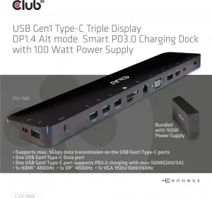 Club 3D Club3D Dokovací stanice USB-C, Triple Display DP 1.4 Alt mode Smart PD3.0 Charging Dock with 100 Watt PS