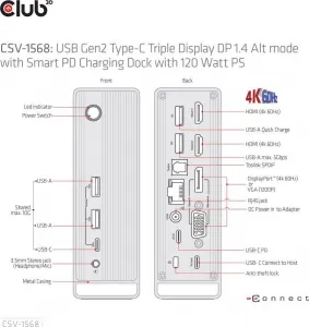 Club 3D Club3D USB-C, Triple Display DP 1.4 Alt mode Displaylink Dynamic PD Charging Dock so 120 W PS