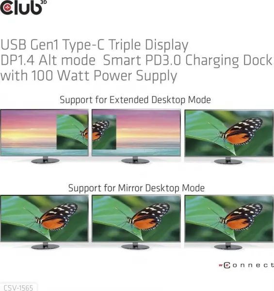 Club 3D Club3D Dokovací stanice USB-C, Triple Display DP 1.4 Alt mode Smart PD3.0 Charging Dock with 100 Watt PS