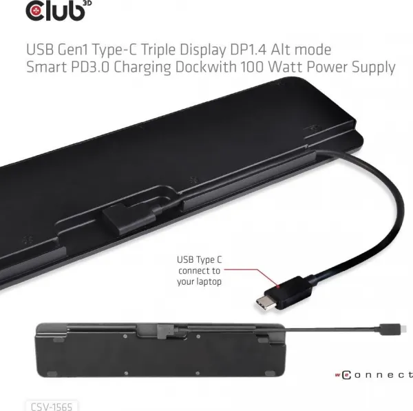 Club 3D Club3D Dokovací stanice USB-C, Triple Display DP 1.4 Alt mode Smart PD3.0 Charging Dock with 100 Watt PS