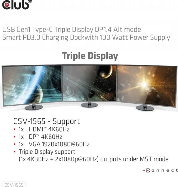 Club 3D Club3D Dokovací stanice USB-C, Triple Display DP 1.4 Alt mode Smart PD3.0 Charging Dock with 100 Watt PS