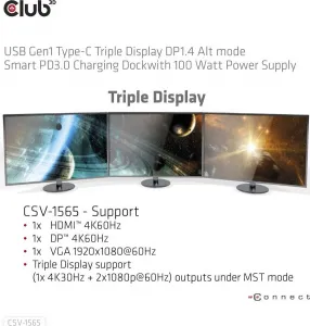 Club 3D Club3D Dokovací stanice USB-C, Triple Display DP 1.4 Alt mode Smart PD3.0 Charging Dock with 100 Watt PS
