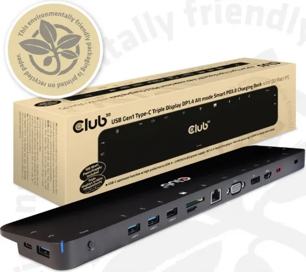 Club 3D Club3D Dokovací stanice USB-C, Triple Display DP 1.4 Alt mode Smart PD3.0 Charging Dock with 100 Watt PS
