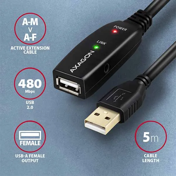 AXAGON ADR-205, USB 2.0 A-M -> A-F aktívny predlžovací / repeater kábel, 5m