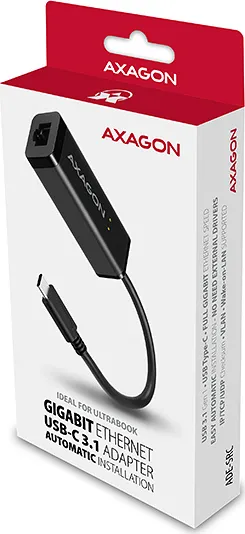 AXAGON ADE-SRC, USB-C 3.2 Gen 1 - Gigabit Ethernet sieťová karta, auto inštal, čierna