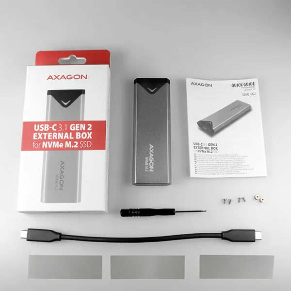 AXAGON EEM2-UG2, USB-C 3.2 Gen 2 - M.2 NVMe SSD kovový box, dĺžka 42 až 80 mm