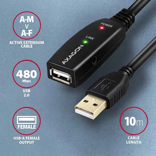 AXAGON ADR-210, USB 2.0 A-M -> A-F aktívny predlžovací / repeater kábel, 10m