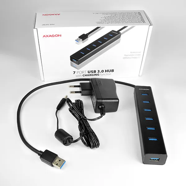 AXAGON HUE-SA7BP, 4x USB 3.0 ALU CHARGING hub, vr. AC adaptéra, kábel USB-A 40cm
