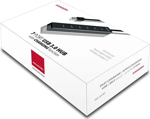 AXAGON HUE-SA7BP, 4x USB 3.0 ALU CHARGING hub, vr. AC adaptéra, kábel USB-A 40cm