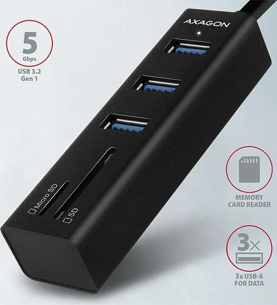 AXAGON HMA-CR3A, USB 3.rozbočovač 2. generácie, 3x porty USB-A + čítačka kariet SD/microSD, kov, 20 cm kábel USB-A