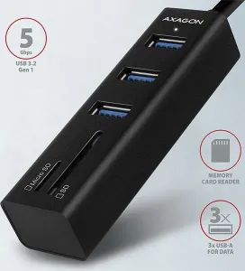 AXAGON HMA-CR3A, USB 3.rozbočovač 2. generácie, 3x porty USB-A + čítačka kariet SD/microSD, kov, 20 cm kábel USB-A