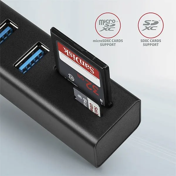 AXAGON HMA-CR3A, USB 3.rozbočovač 2. generácie, 3x porty USB-A + čítačka kariet SD/microSD, kov, 20 cm kábel USB-A